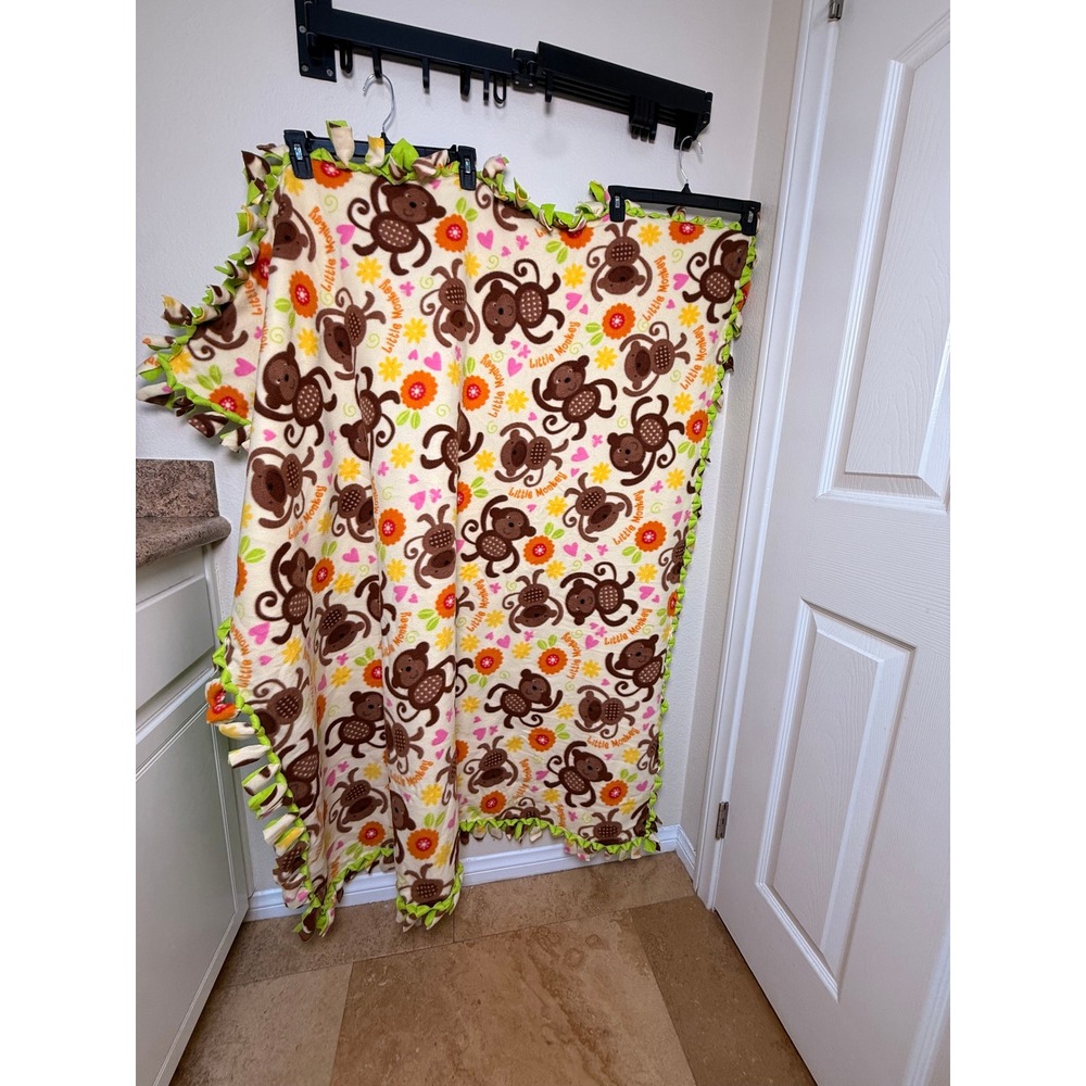 Little Monkey Baby Fleece Fringed Blanket Bright Flowers Hearts 52x58 Throw